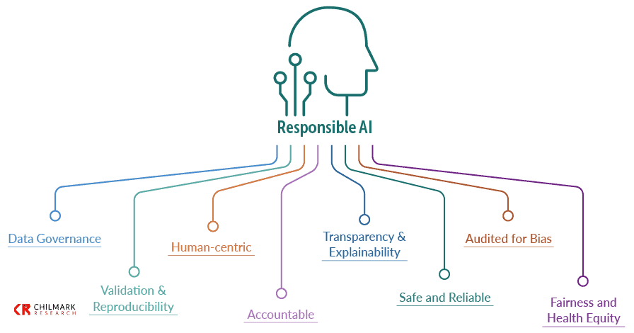 There are eight components of responsible AI: Data Governance, Validation & Reproducibility, Human-Centric, Accountable, Transparency & Explainability, Safe & Reliable, Audited for Bias, and Fairness & Health Equity