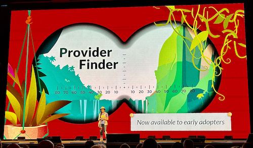 Judy on stage in front of a slide that just says Provider Finder as the main title and "Now available to early adopters" in the bottom right corner.