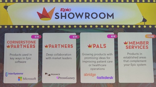 Eic Showroom slide showing their current partners. Pals: abridge and talkdesk; Partners: Nuance and Press Ganey; Cornerstone Partners: InterSystems and Microsoft; Member Services: None announced yet